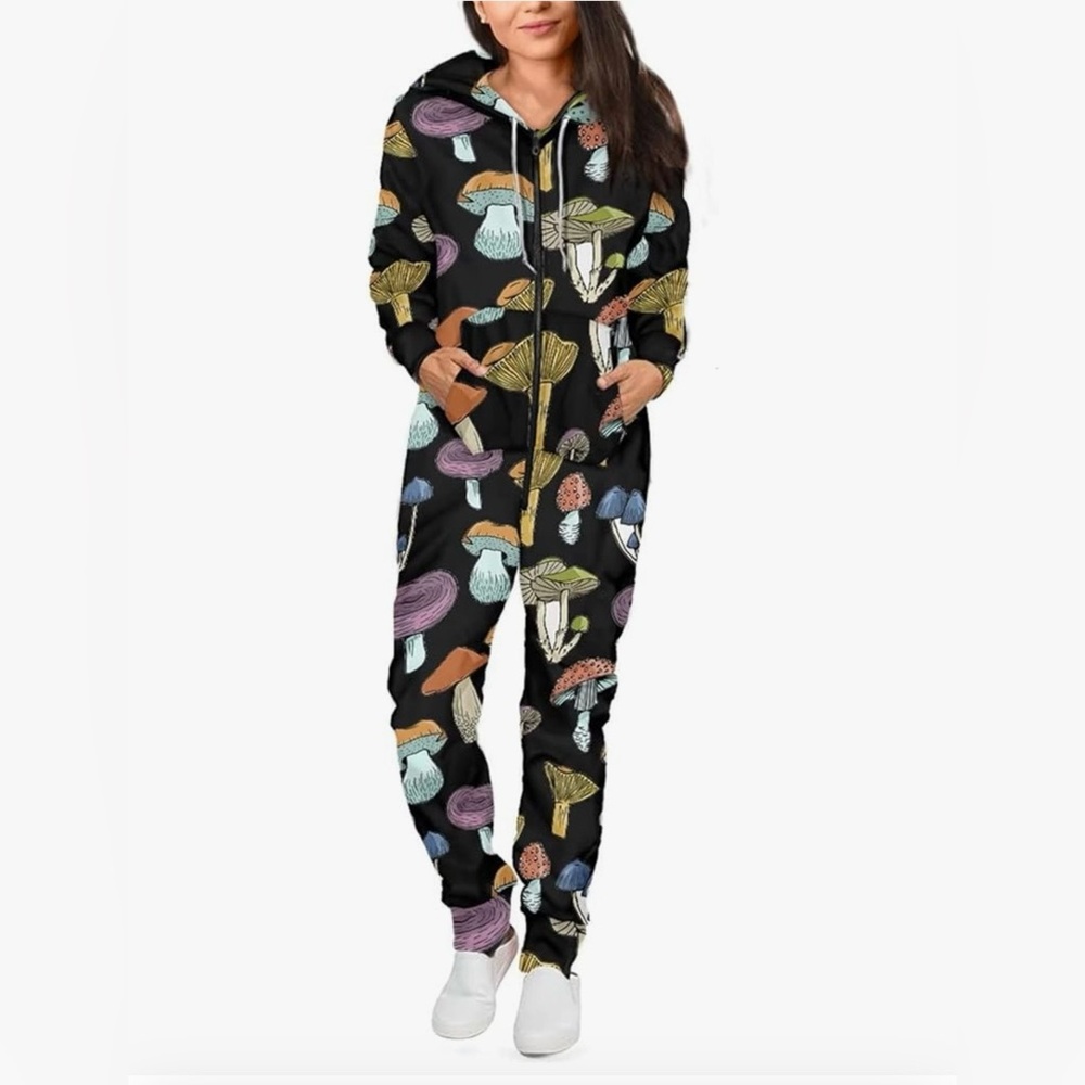 Adult Unisex Mushroom Print Hoodie Onesie Zip Front Pockets Size XXL New